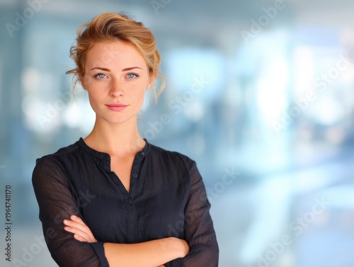Free Download professional woman arms crossed on a blured office background with natural sunlight - GFXLoad