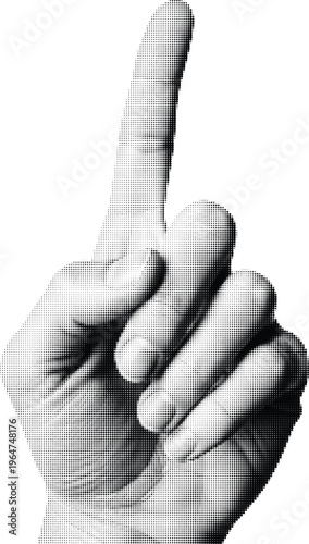 Halftone pop art hand gesture with index finger pointing up isolated on transparent background vector design.