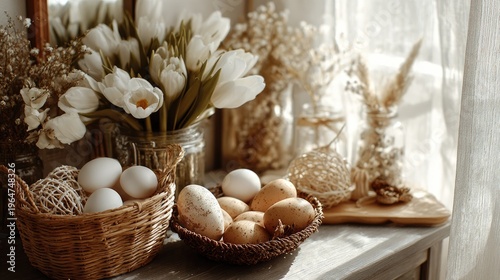 Elegant Easter eggs with white tulips spring composition