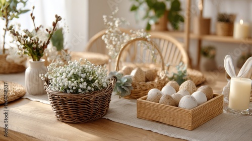 Rustic Easter Monday eggs basket with spring flowers