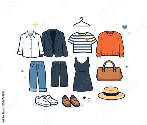 Minimal capsule wardrobe concept showing a small set of clothing items arranged into a harmonious and efficient style system. A clean editorial illustration