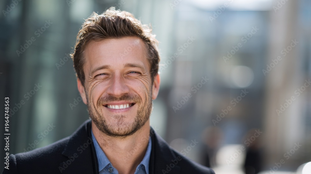 Naklejka premium smiling man isolated background with blured businessbackground and natural sunlight
