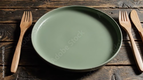 A clean empty green plate rests beside a wooden fork and knife on a vintage wooden plank desk in a cinematic minimal food photography composition.