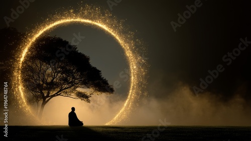 A serene silhouette of a person meditating peacefully beneath a glowing circular light. The tranquil ambiance enhances the connection to nature and inner peace. Perfect for calming themes. AI