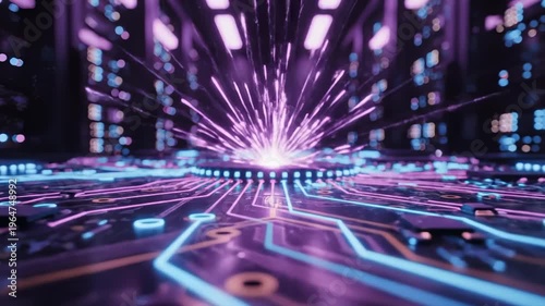 Futuristic Circuit Board With Neon Lights and Energy Explosion, Digital Technology Concept