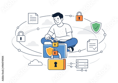 Data protection policies. A character locking digital files while floating documents and padlocks orbit around, subtle lines connecting systems. Calm and