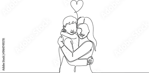 Continuous one-line drawing of a loving mother embracing her young child, symbolizing deep family bonds, maternal affection, and care, perfect for themes of connection.