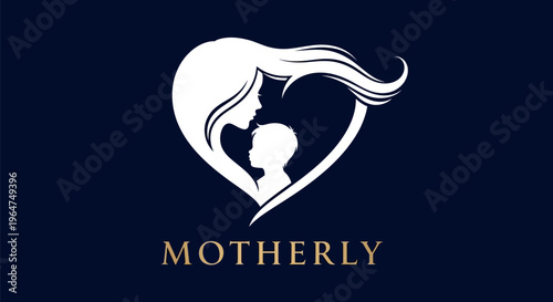 Elegant white silhouette logo depicting a mother and child embracing within a heart shape symbolizes deep love and maternal care