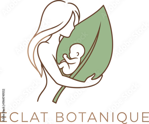 Stylized minimalist logo illustration featuring a nurturing mother figure gently holding a baby cradled within a vibrant green leaf, symbolizing natural care and growth.