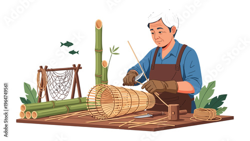 Artisan Crafting: A skilled artisan meticulously crafts a traditional bamboo trap, showcasing dedication and the preservation of heritage crafts. 