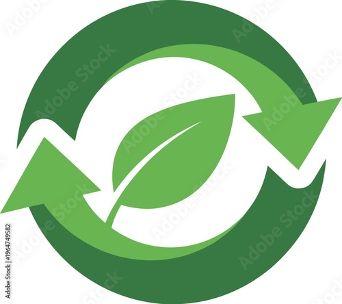 Simple green recycling symbol featuring a central leaf design indicating ecological sustainability and continuous renewable cycles