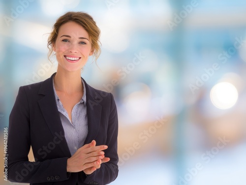 Free Download business woman presentation standing on a blured office background with natural sunlight - GFXLoad