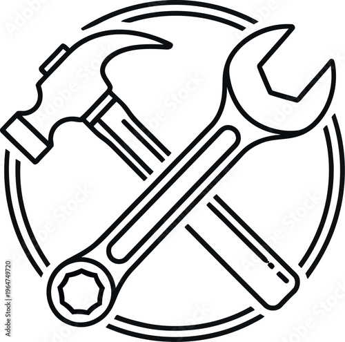 Simple black and white line art icon featuring a crossed hammer and adjustable wrench contained within a circular border design element.