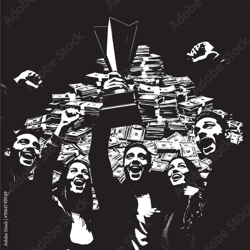 Knife tactical combat with money and screaming faces in the background, dark and intense scene with a sense of chaos and rebellion.