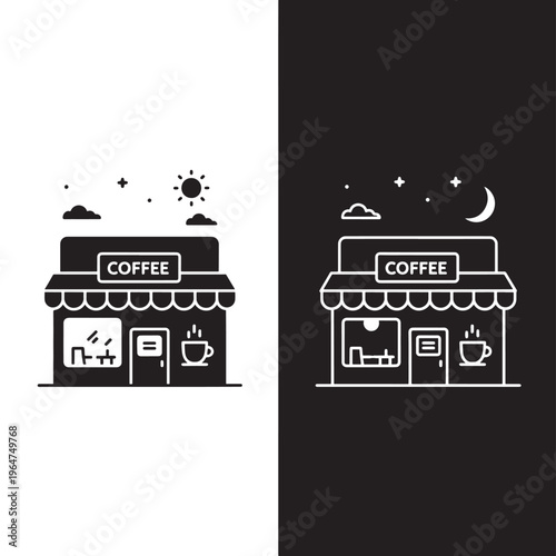 Coffee shop icon with white line art and black silhouette on split background featuring vector illustration, daytime, nighttime with sun and moon