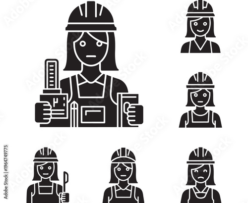 Workers laborer set with black silhouettes and safety gear featuring construction, worker, labor with industry and job elements for occupation, hard