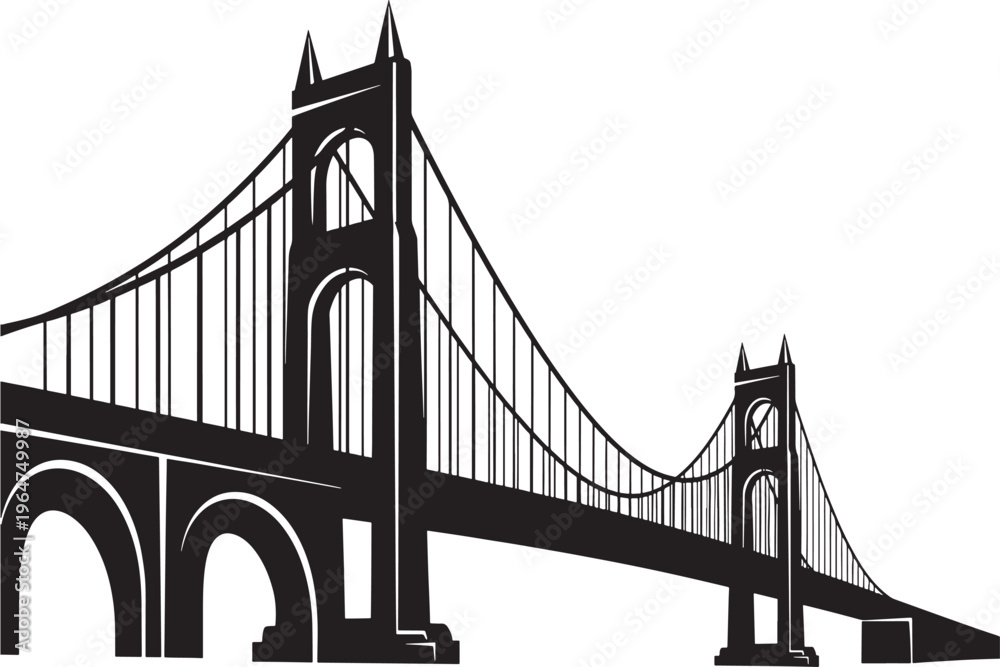 Fototapeta premium Bridge suspension iconic with Gothic-style towers and cables featuring silhouette, black, vector with illustration and graphic elements for resource,