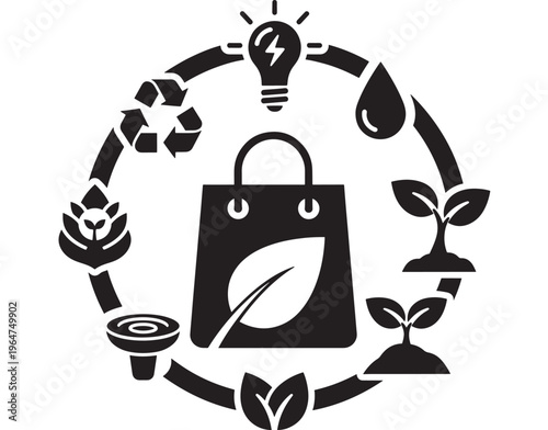Bag eco friendly shopping with leaf icon and circular recycling symbols around, representing sustainable living and environmentally friendly