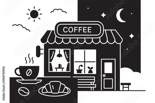 Coffee shop icon with awning and coffee cup on table outside at nighttime with crescent moon featuring cafe, restaurant, beverage with drink and food