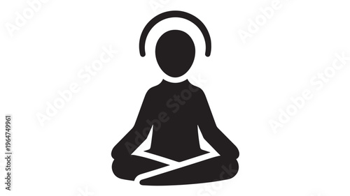 Person meditating in lotus position with headphones on, symbolizing relaxation and mindfulness in a simple black silhouette style.