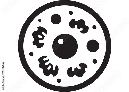 Cell icon with circular shape and black details on white background featuring biology, science, microscopic with illustration and vector elements for