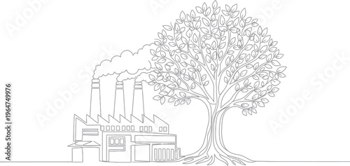 Black and white line art drawing contrasts a polluting factory emitting smoke with a vibrant flourishing tree symbolizing environmental balance or conflict.