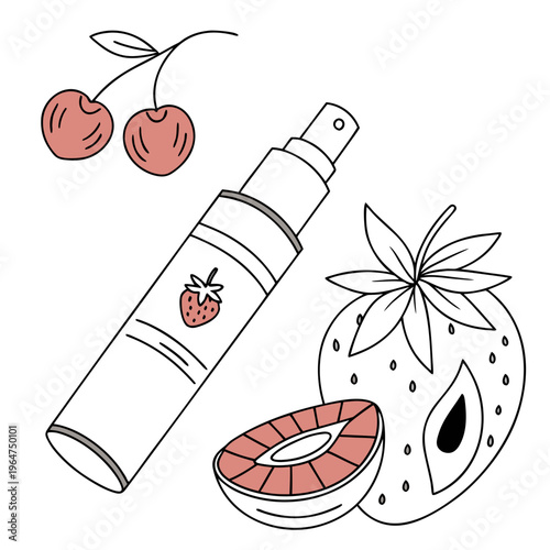 Colorful of strawberry scented cosmetic products and fruit cherry cosmetics perfume lip balm