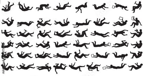 Zero Gravity Training Silhouettes Set Pack. Editable Vector Stroke Illustration. featuring silhouettes, falling, floating, human, man, male, action, motion, poses, various, multiple, abstract more
