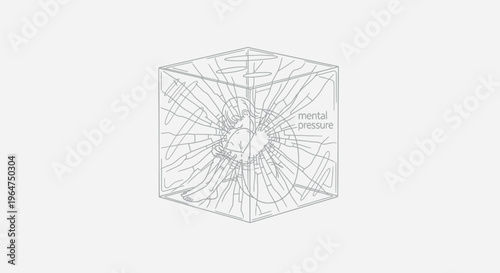 An impactful minimalist line drawing depicts a figure confined within a transparent cube, its walls cracking under the immense strain of overwhelming mental pressure and internal struggle.