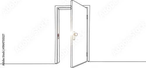 Simple line art drawing illustrates an open doorway casting bright radiant light symbolizing opportunity breakthrough and exciting new beginnings ahead