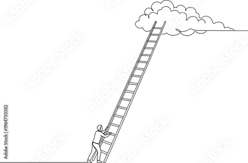 Small figure diligently climbing a long ladder toward a white cloud representing success or lofty goals