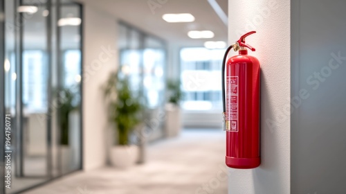 A bright red fire extinguisher hangs on a clean, modern office wall. It stands as a crucial safety feature in a well-lit, open workspace. Office designs can be stylish and functional. AI
