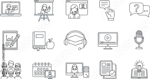 A collection of clean line art icons representing various aspects of modern online education teaching learning and communication tools