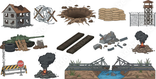 A detailed cartoon illustration set showcasing various elements of war, destruction, and conflict, including damaged buildings, military equipment, battlefield barricades, and hazardous areas.