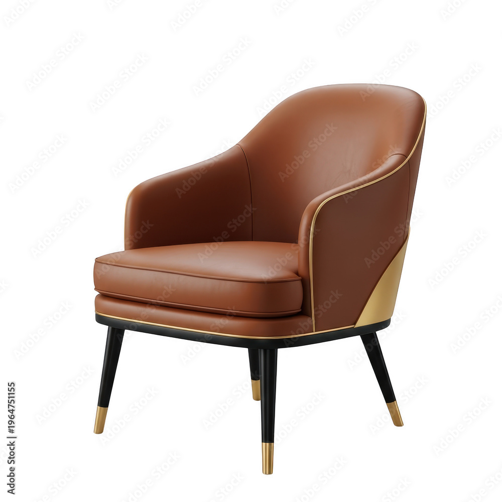 Fototapeta premium A sophisticated brown leather accent chair featuring a curved backrest and elegant gold accents png