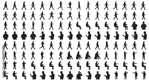 Smart Wearable Tech Users Silhouettes Set Pack. Editable Vector Stroke Illustration. featuring people, human, silhouette, vector, graphic, illustration, activity, various, poses, walking, running more
