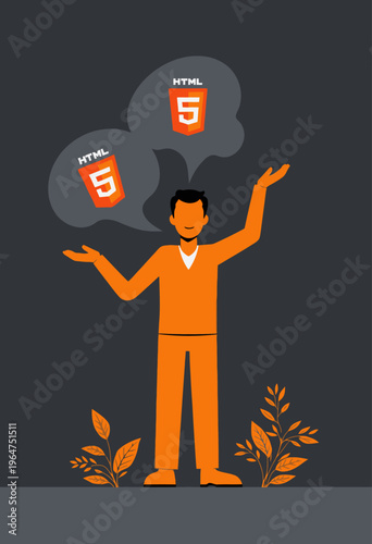 Illustration of a Person Celebrating HTML5 Technology with Speech Bubbles Highlighting Its Logo Against a Dark Background with Orange Accents