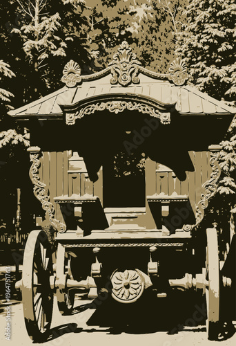 Ornately Carved Wooden Carriage with Intricate Details and Large Wheels Displayed Outdoors Surrounded by Green Trees