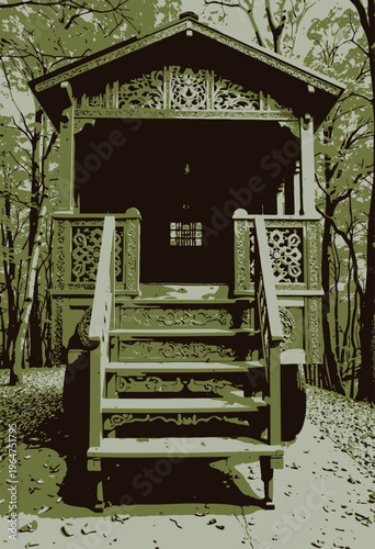 Intricately Carved Wooden Caravan in Forest Setting with Staircase Leading to Enclosed Porch and Ornate Details Against a Backdrop of Greenery