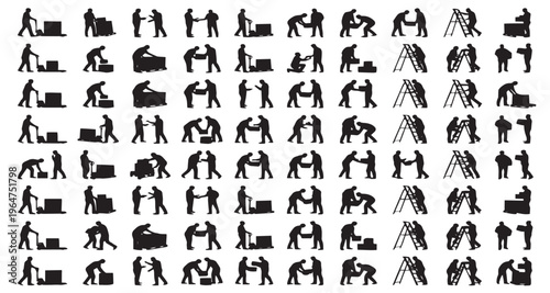 Logistician Warehouse and Shipping Silhouettes Set Pack. Editable Vector Stroke Illustration. featuring vector, graphic, silhouette, labor, workers, teamwork, moving, logistics, manual, handling more