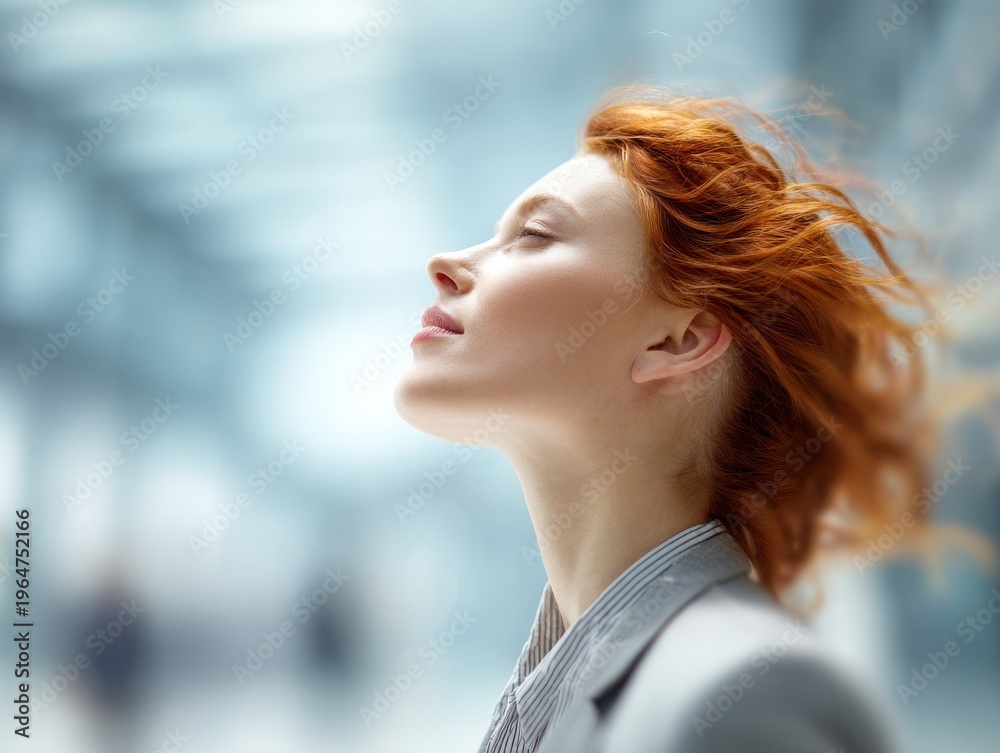 Fototapeta premium successful woman looking up on a blured office background with natural sunlight