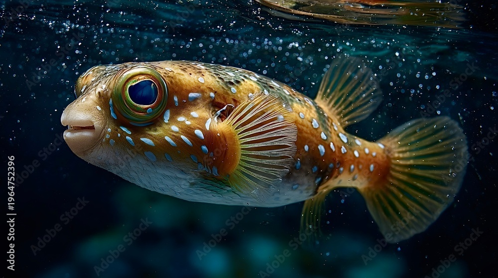 Fototapeta premium Pufferfish swimming underwater in ocean with air bubbles