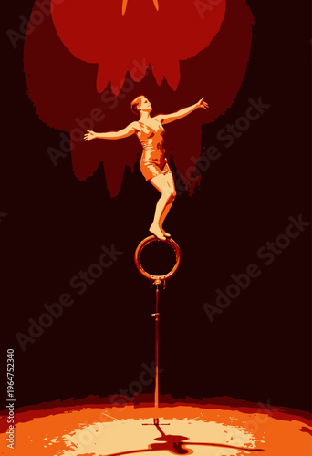 Graceful Balance Act Under Dramatic Spotlight Featuring Performer on Elevated Unicycle in Dazzling Gold Costume During Spectacular Circus Show