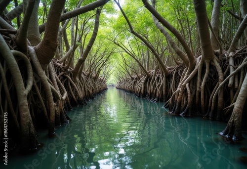 Mysterious Mangrove Roots Twisting Among Shallow Waters Capturing Untamed Essence