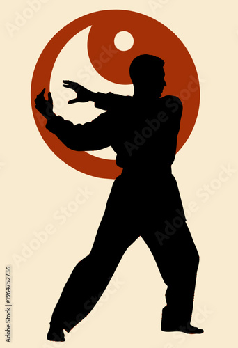 Silhouette of Martial Artist Posing Gracefully Against Abstract Yin Yang Symbol in Dynamic Gesture of Balance and Harmony
