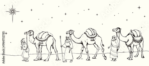 Vector illustration of the Magi approaching Jesus.