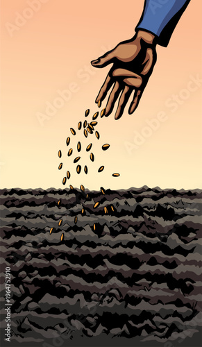 Vector drawing. Man sowing seeds