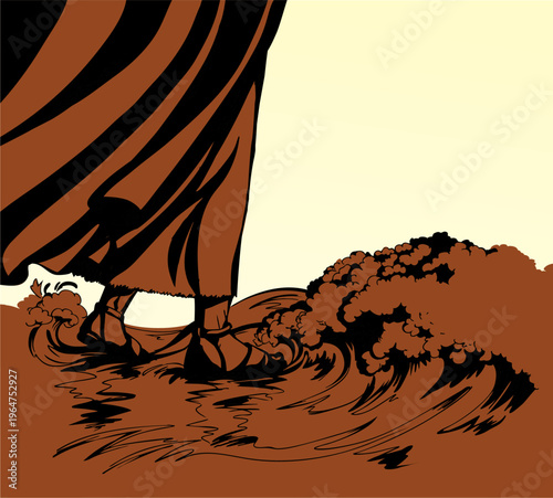 Vector drawing. A man walking on waves in a storm