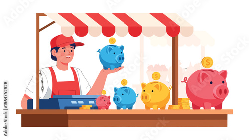 Financial Piggy Bank Emporium: A vibrant depiction of a young entrepreneur managing a charming stall overflowing with an assortment of piggy banks, symbolizing savings and financial growth.