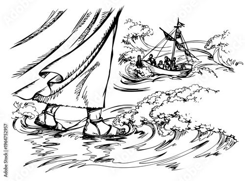 Vector drawing. Jesus walking on waves in a storm